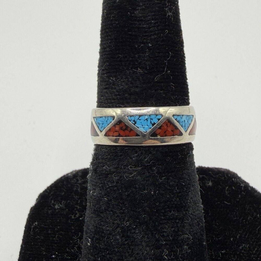925 Sterling Silver Turquoise Coral Chip Inlay Band Ring Size 6.5 2.6g